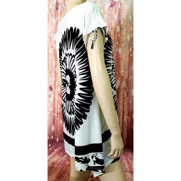 Emilio Pepe Italy Graphic Flower Asymmetrical Hem Adjustable Short Sleeve Top L - Picture 12 of 16